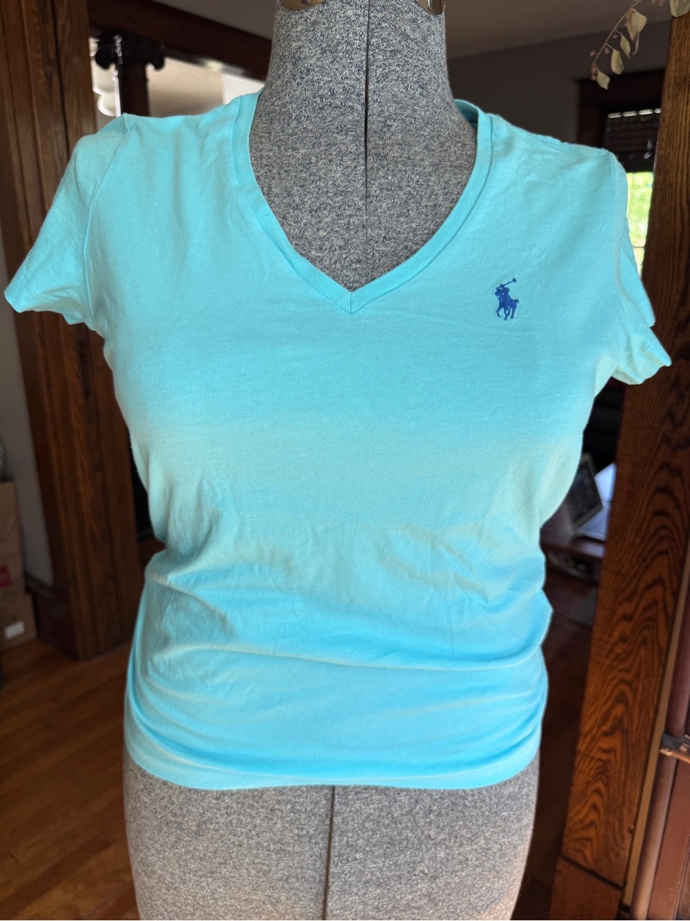 Polo Ralph Lauren Cotton V-Neck T-Shirt Like New Turquoise w Signature Logo S P